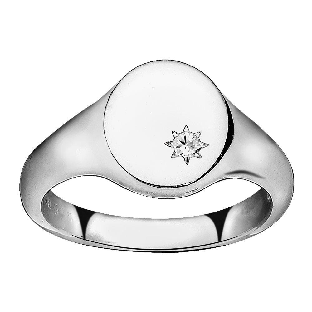 Chevalière en argent rhodié plateau ovale avec oxyde blanc