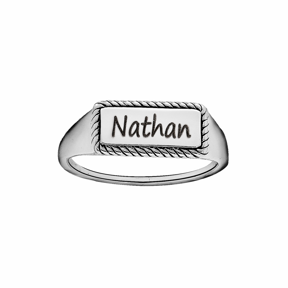 Chevalière en argent rhodié plateau rectangulaire au contour perlé