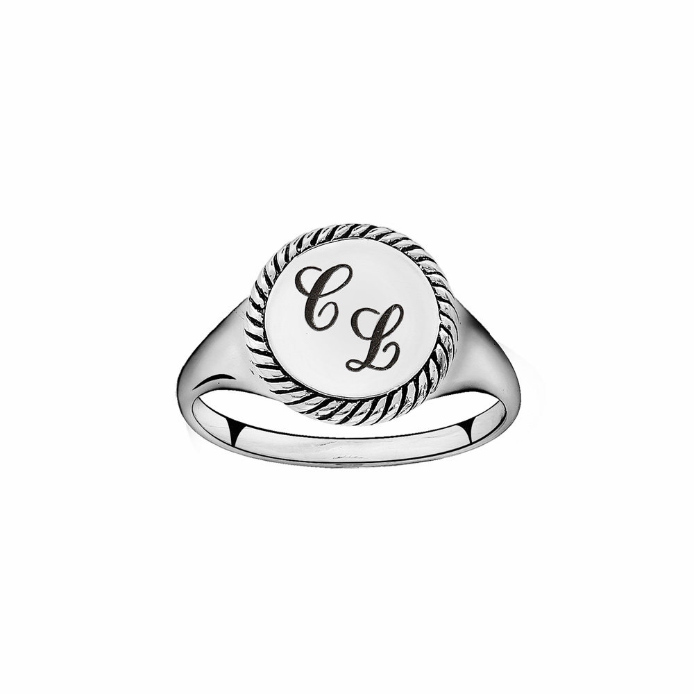 Chevalière en argent rhodié plateau rond contour perlé