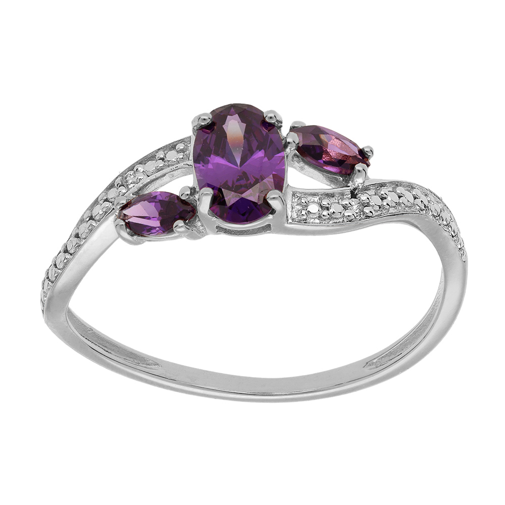 Bague en argent platiné brins croisés avec oxydes violet sertis
