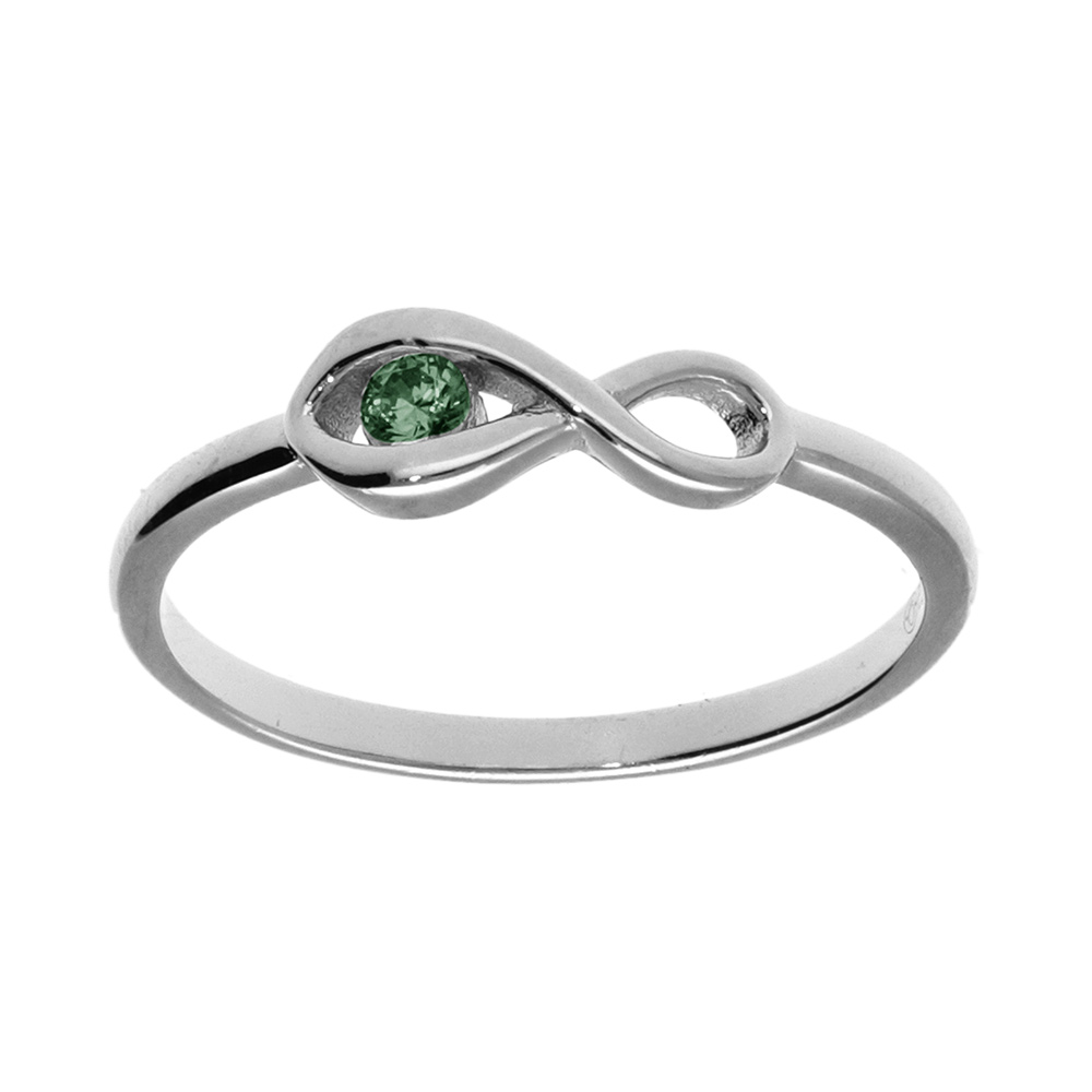 Bague en argent rhodié motif infini avec un oxyde vert foncé