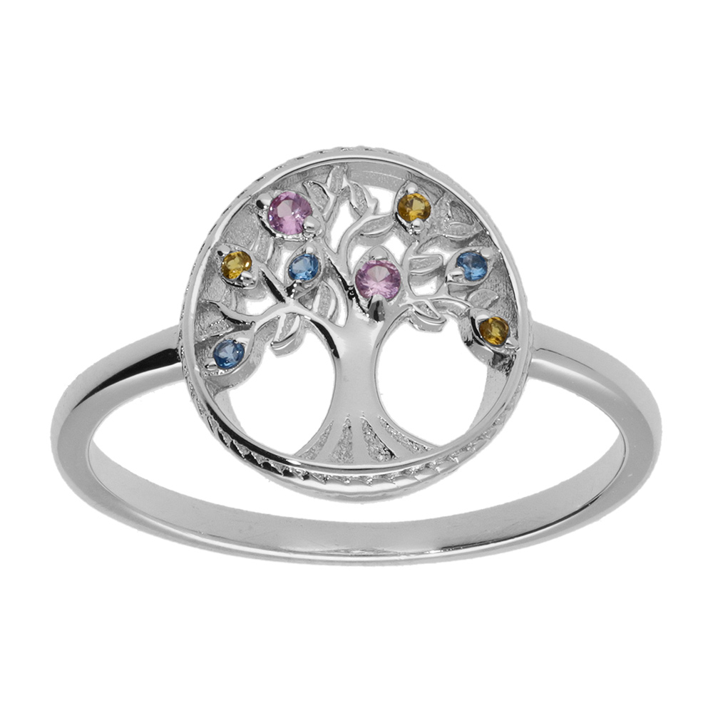 Bague en argent rhodié motif arbre de vie contour perlé d'oxydes multicolore