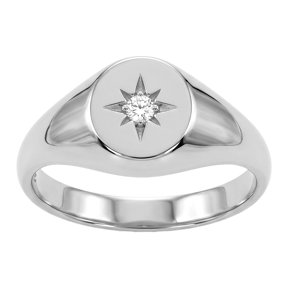 Bague en argent rhodié forme chevaliere ovale avec etoile d'oxyde blanc