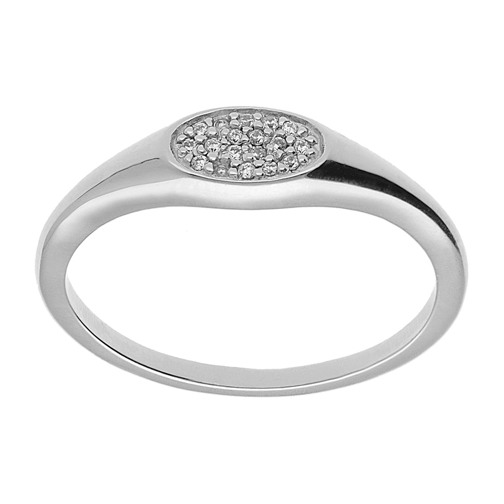 Chevalière femme en argent platiné de forme ovale pavée oxydes blancs sertis