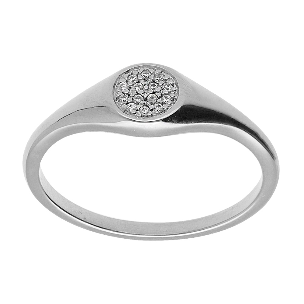 Chevalière femme en argent platiné de forme ronde pavée d'oxydes blancs sertis