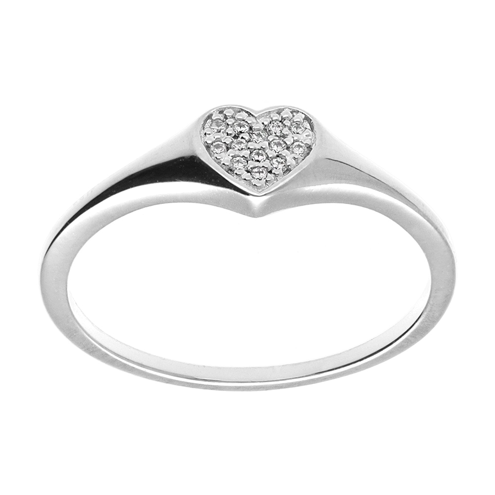 Chevalière femme en argent platiné coeur pavé d'oxydes blancs sertis