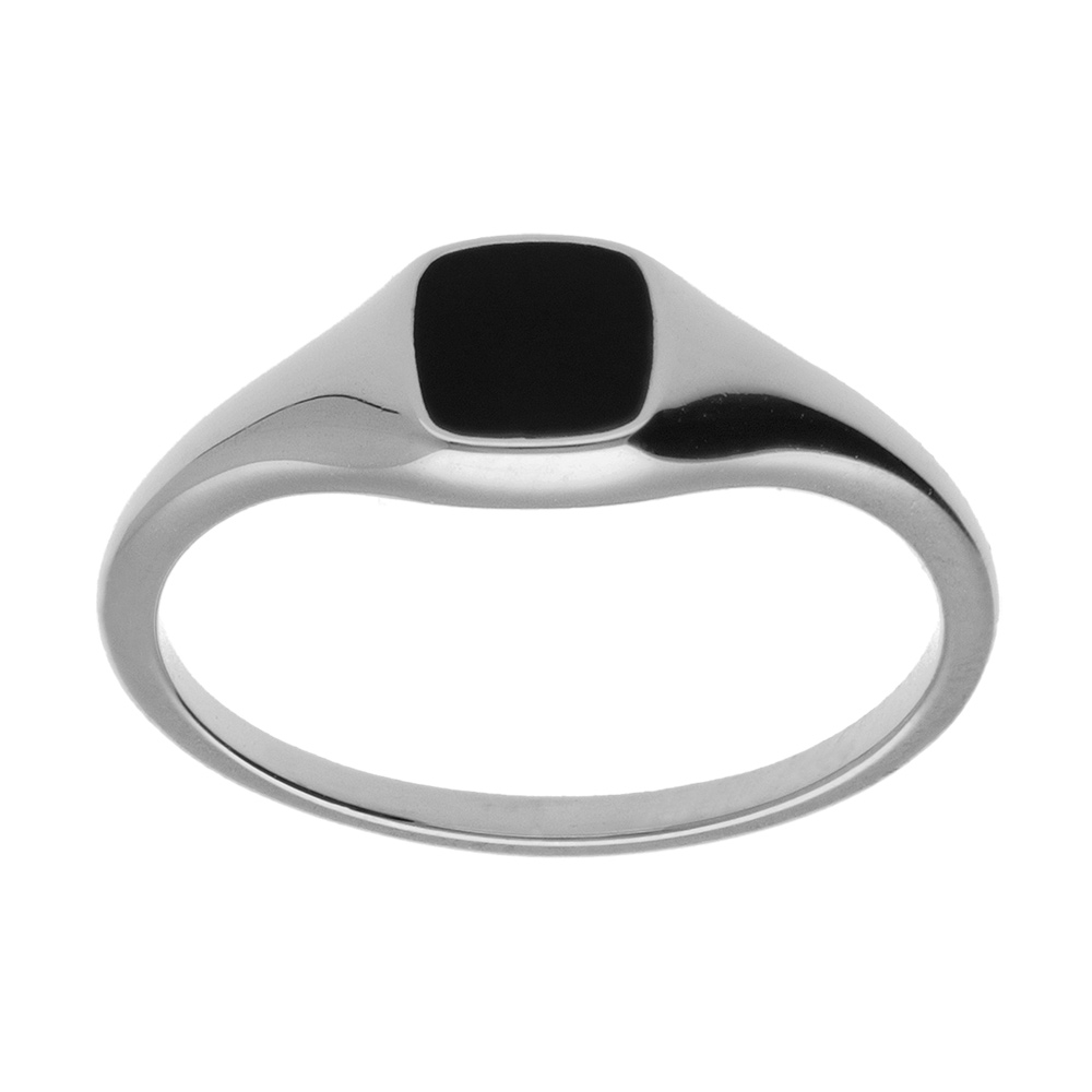 Chevalière femme en argent platiné de forme carrée pavée d'un onyx imitation