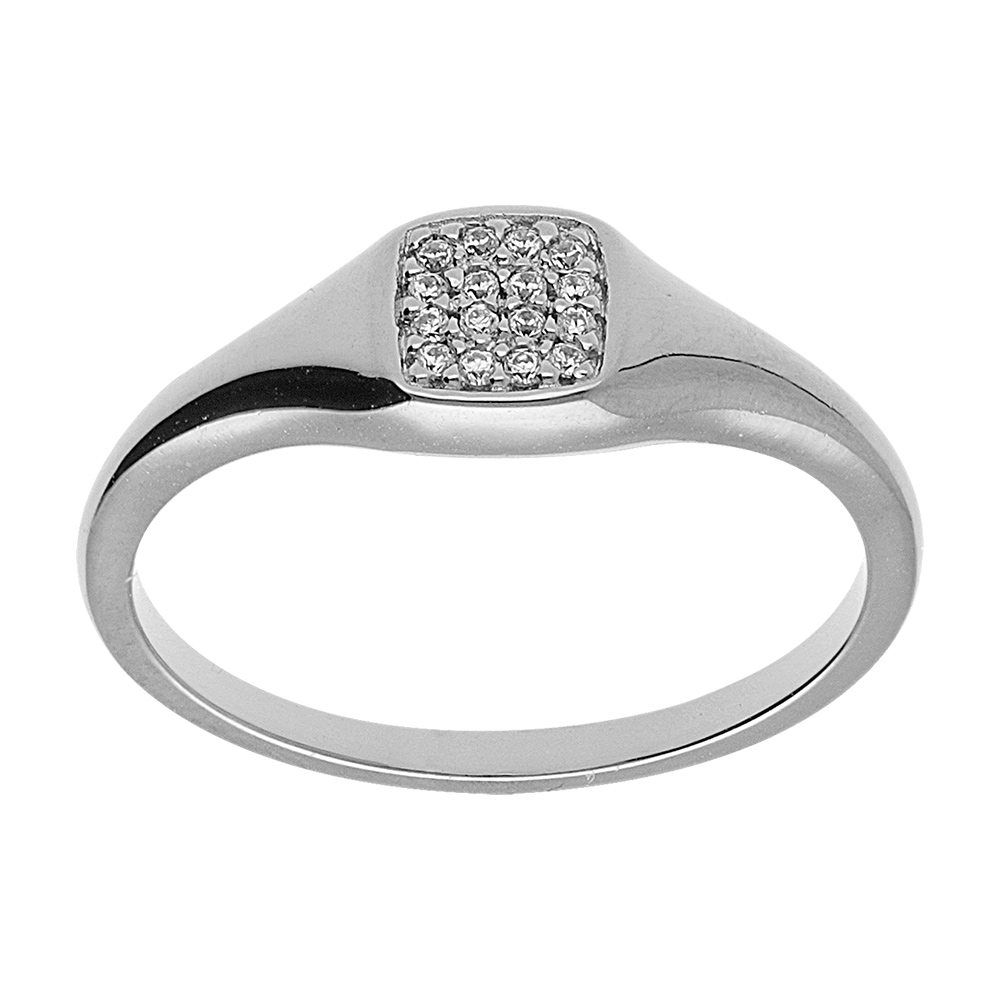 Chevalière femme en argent platinéde forme carré pavée d'oxydes blancs sertis