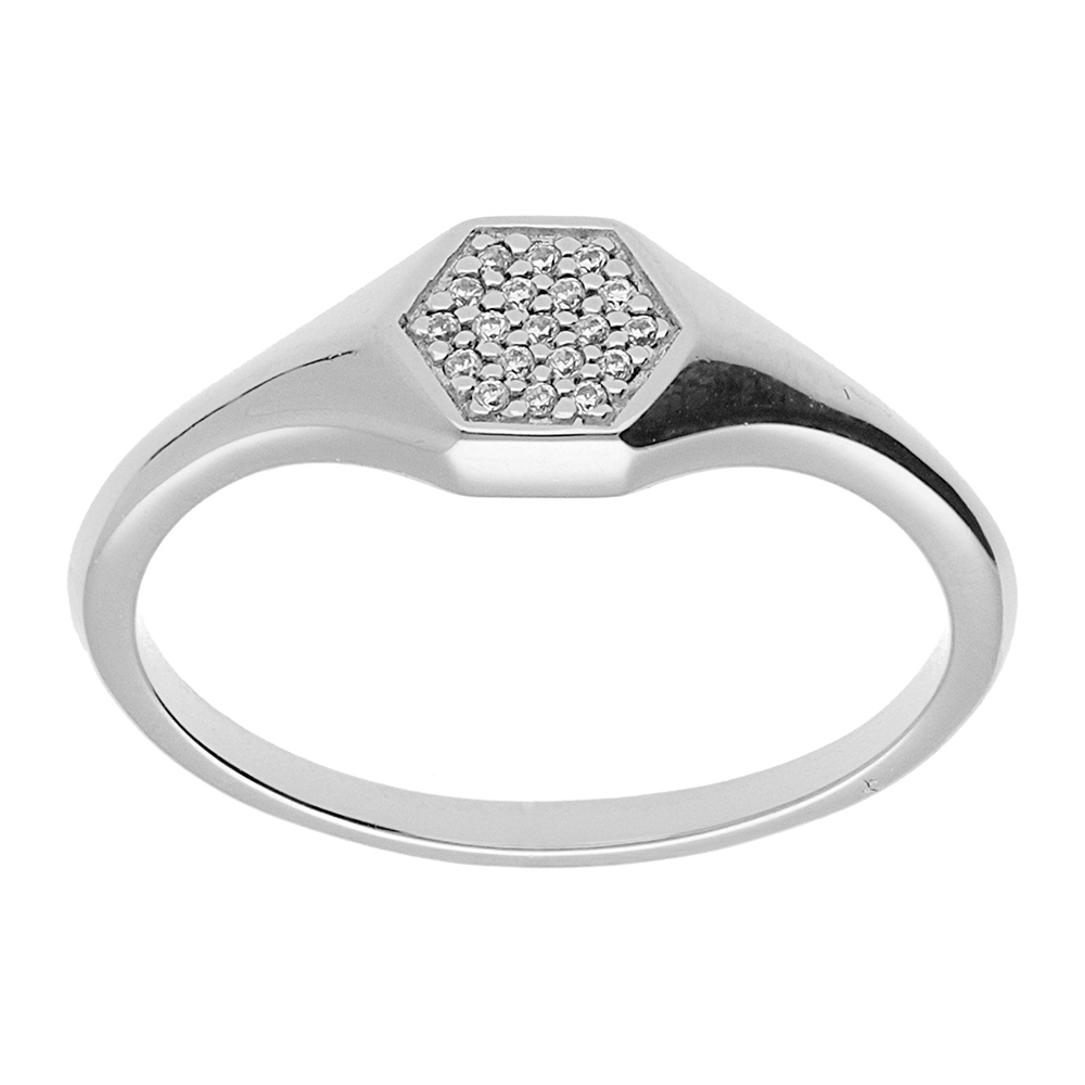 Chevalière femme en argent platiné de forme géometrique avec oxydes blancs sertis