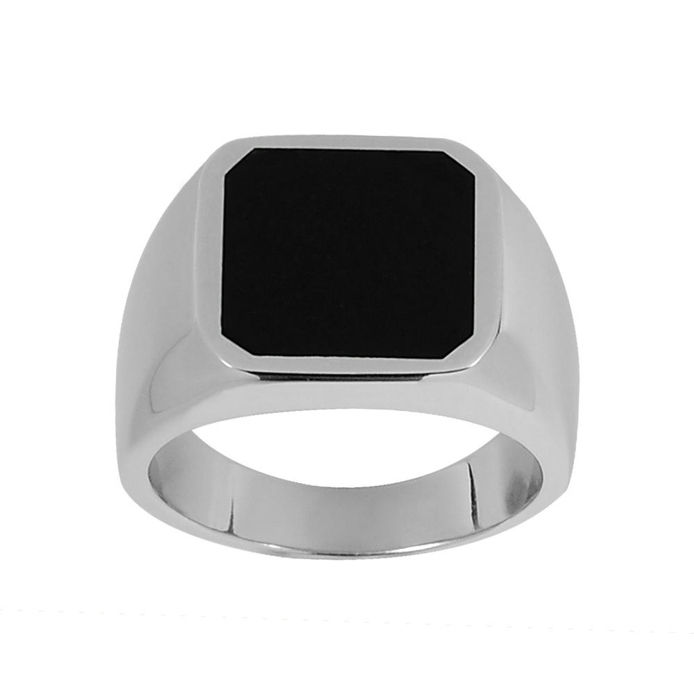 Chevalière en argent rhodié plateau carré en onyx synthétique 12 X12mm