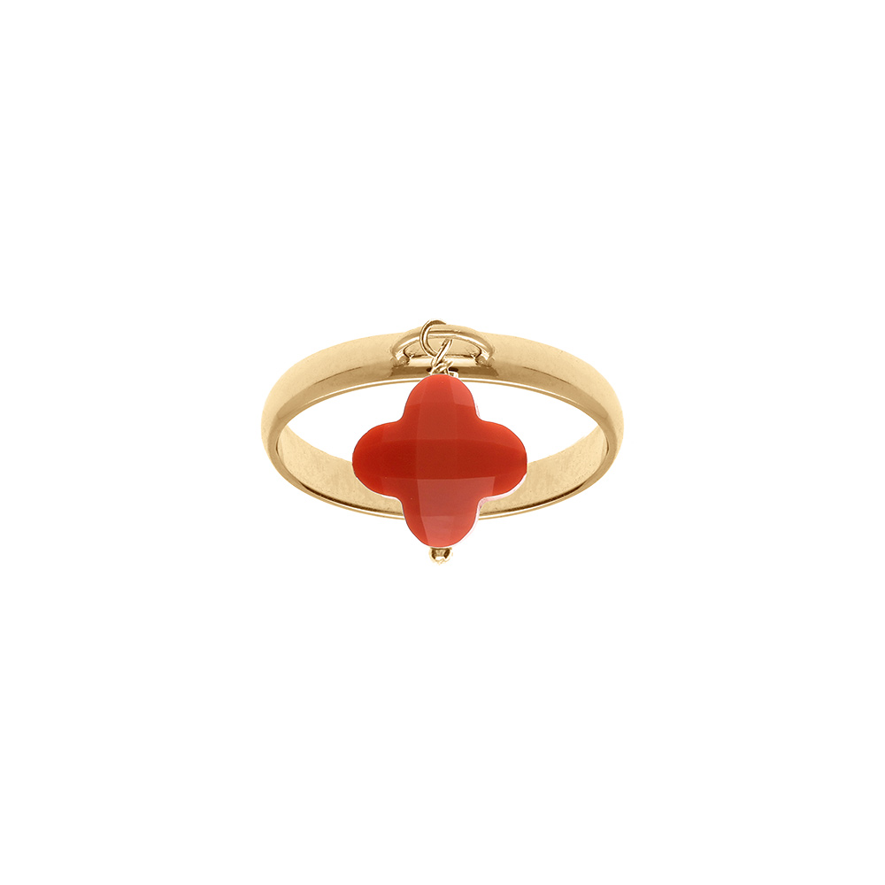 Bague en argent doré trèfle en verre facetté rouge