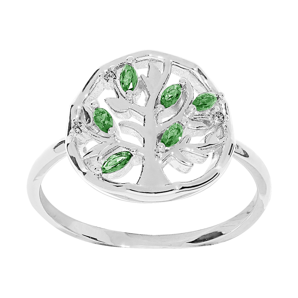 Bague en argent rhodié motif arbre de vie et oxydes verts