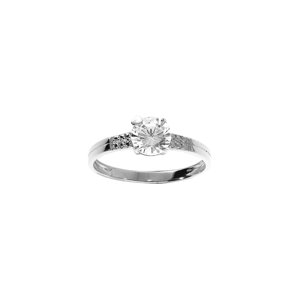 Bague en argent rhodié avec solitaire d'oxydes blancs sertis et un oxyde blanc central 6mm