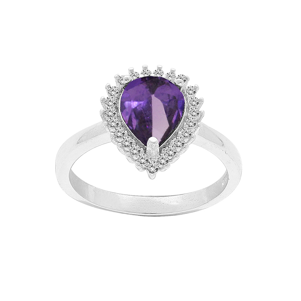 Bague en argent rhodié Améthyste véritable forme goutte 8x6 avec contour Topazes blanches serties
