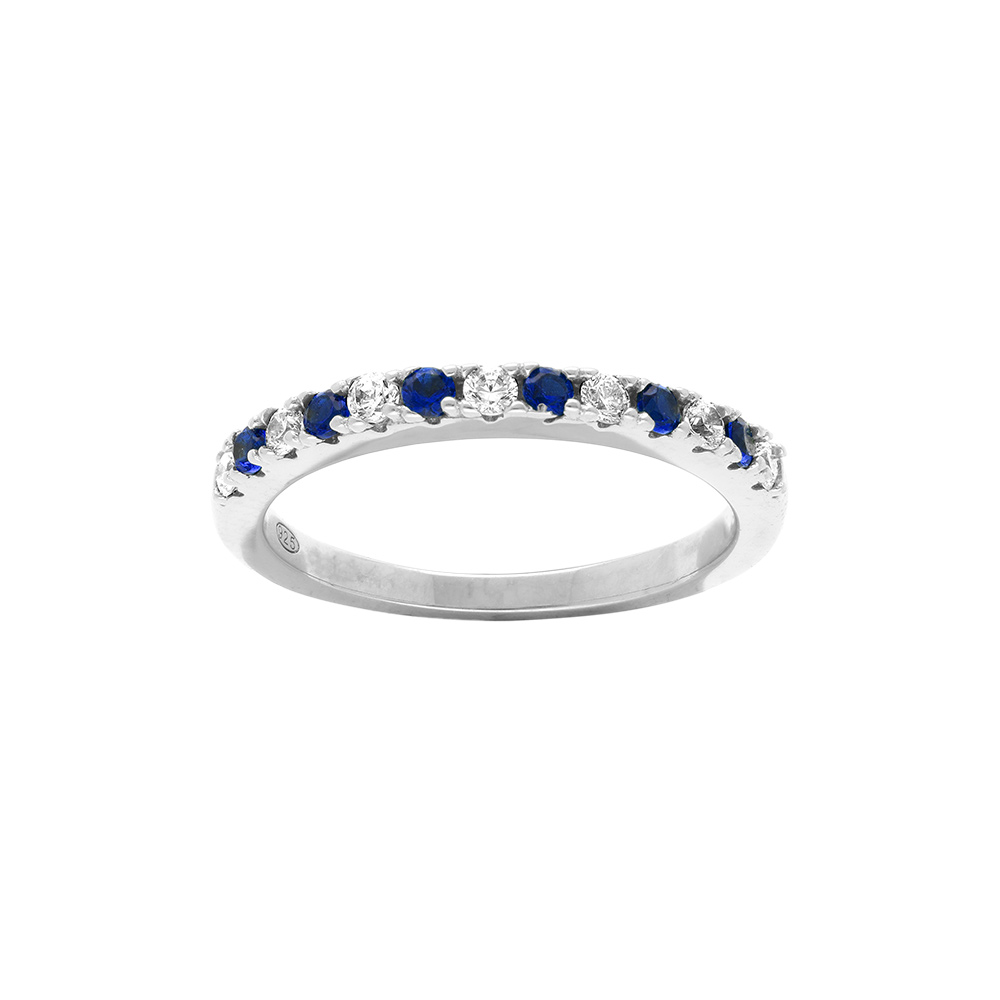Bague en argent rhodié demi alliance parée d' oxydes bleus et blancs sertis
