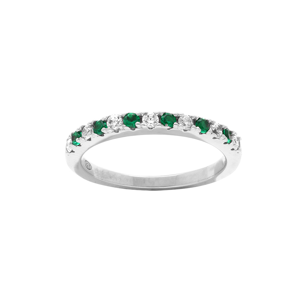 Bague en argent rhodié demi alliance parée d'oxydes verts et blancs sertis