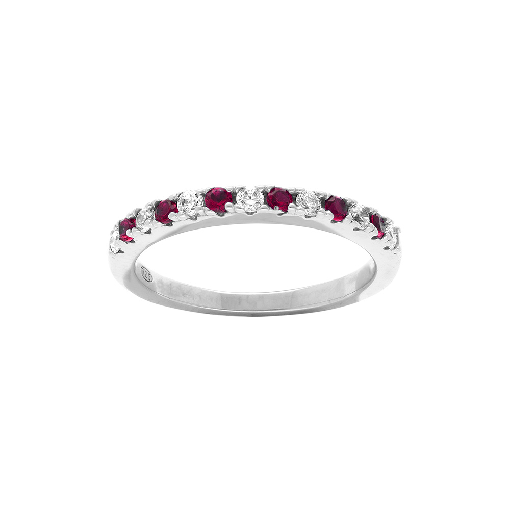 Bague en argent rhodié demi alliance parée d'oxydes rouges et blancs sertis