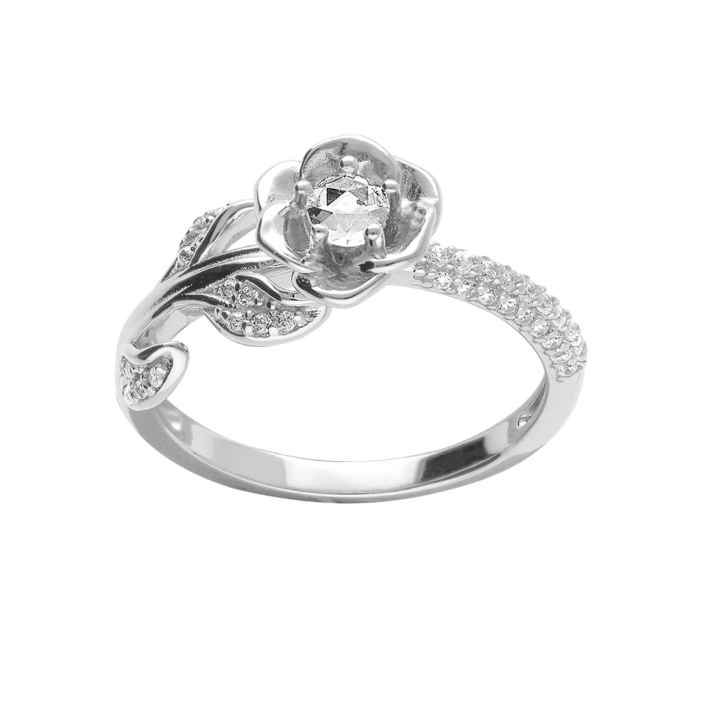 Bague en argent rhodié à motif floral (8.2mm) avec oxyde taillé en rose blanc serti