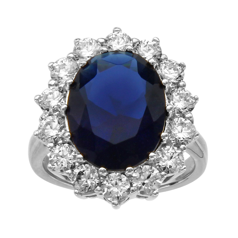 Bague en argent rhodié  20mm x 17 mm avec la pierre centrale bleu foncé taillée en ovale et entourée d'un halo de pierres blanches
