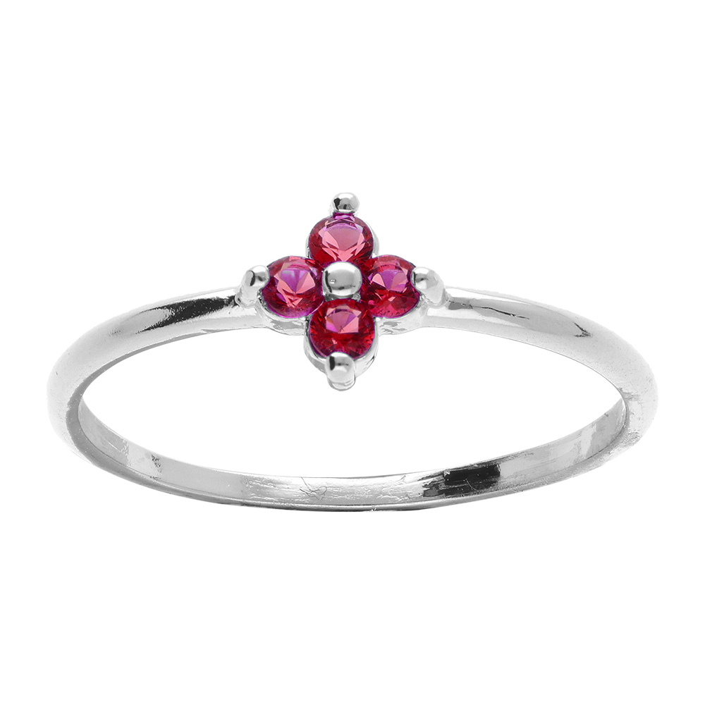 Bague en argent rhodié fleur d'oxydes rouges