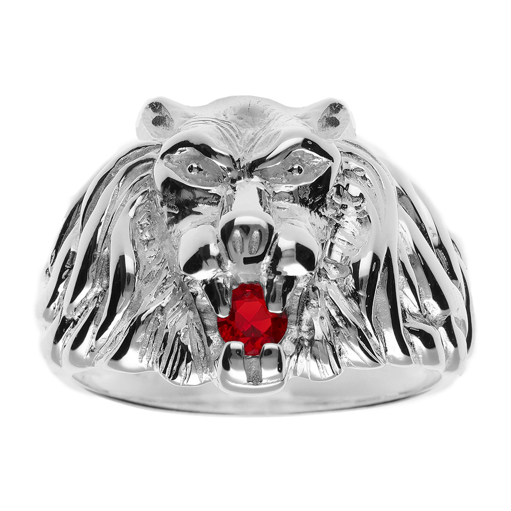 Chevalière lion en argent gros modèle avec oxyde rouge entre les dents