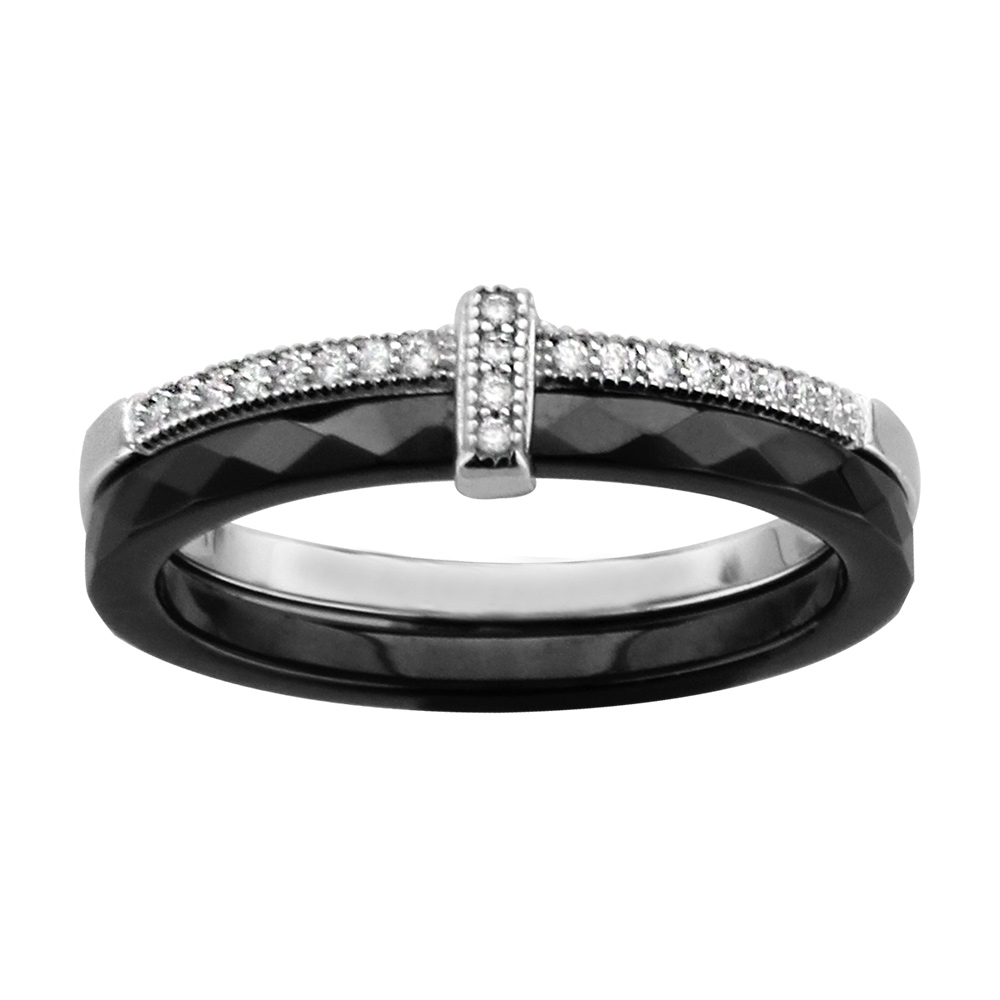Bague en céramique noire facettée 2 anneaux dont 1 anneau en argent rhodié avec demi rail d'oxydes blancs sertis