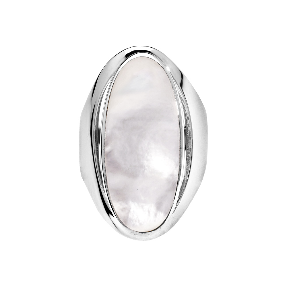 Bague ovale allongé en argent et nacre blanche véritable
