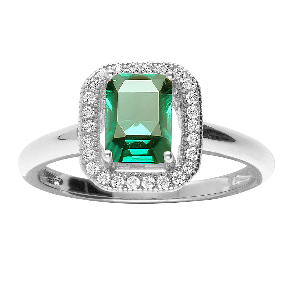 Bague en argent rhodié pave avec oxyde vert serti et contour d'oxydes micro sertis