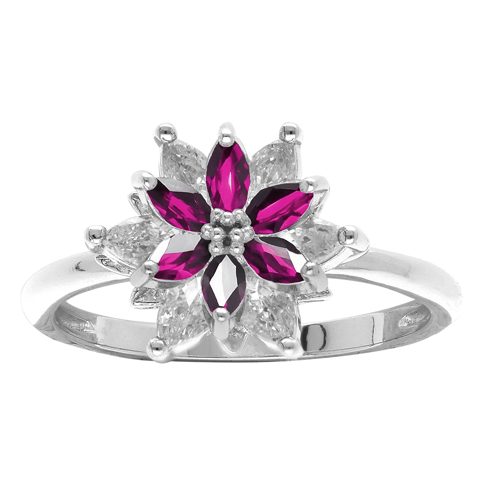 Bague en argent rhodié motif fleur 10mm avec oxydes fushias et blancs