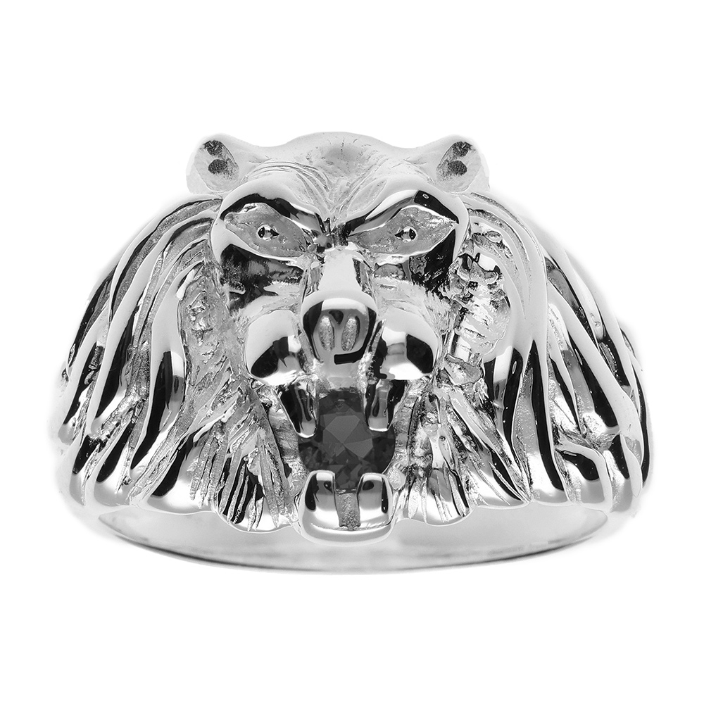 Chevalière lion en argent gros modèle avec oxyde noir entre les dents
