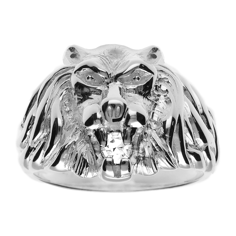 Chevalière lion en argent gros modèle avec oxyde blanc entre les dents