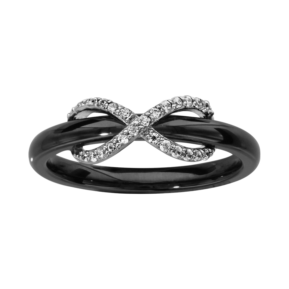 Bague en céramique noire avec gros infini ajouré en argent rhodié et oxydes blancs sertis