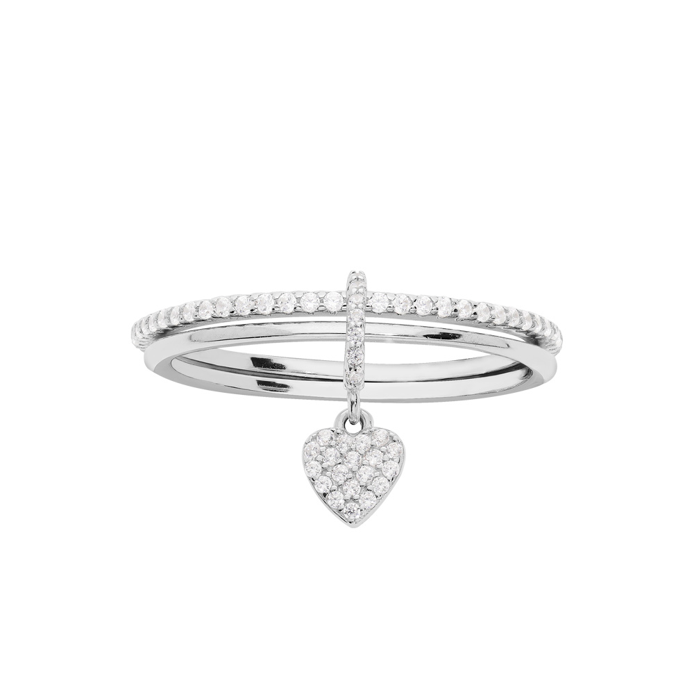 Bague en argent rhodié double anneau avec rail oxydes blancs sertis et pampille coeur oxydes blancs sertis