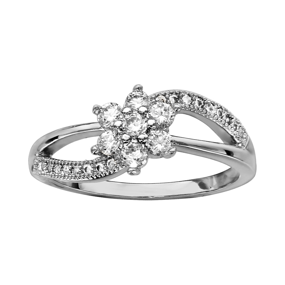 Bague en argent rhodié brins croisés dont 1 rail d'oxydes blancs avec fleur en oxydes blancs au centre