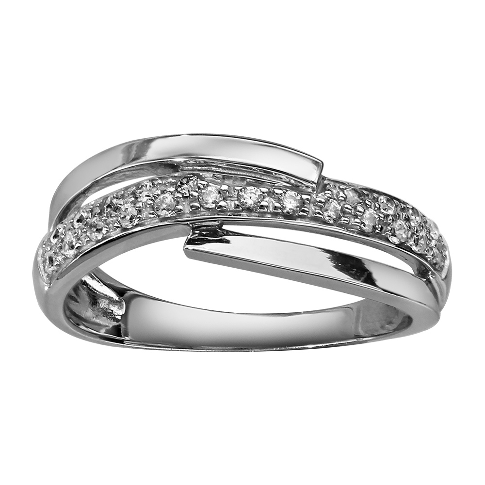 Bague en argent rhodié 1 demi rail d'oxydes blancs sertis et 2 brins croisés