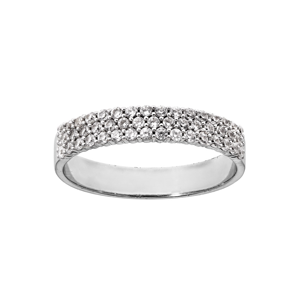 Bague en argent rhodié grande taille 3 rangées d'oxydes blancs serti