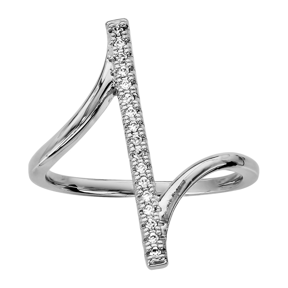 Bague en argent rhodié avec baguette en rail d'oxydes blancs sertis retenue de chaque côté