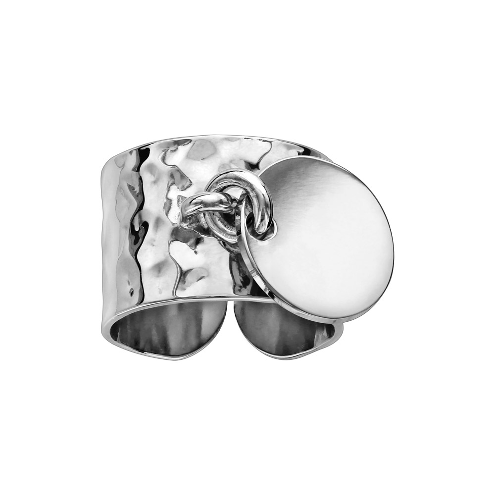 Bague en argent rhodié martelée anneau pastille ronde