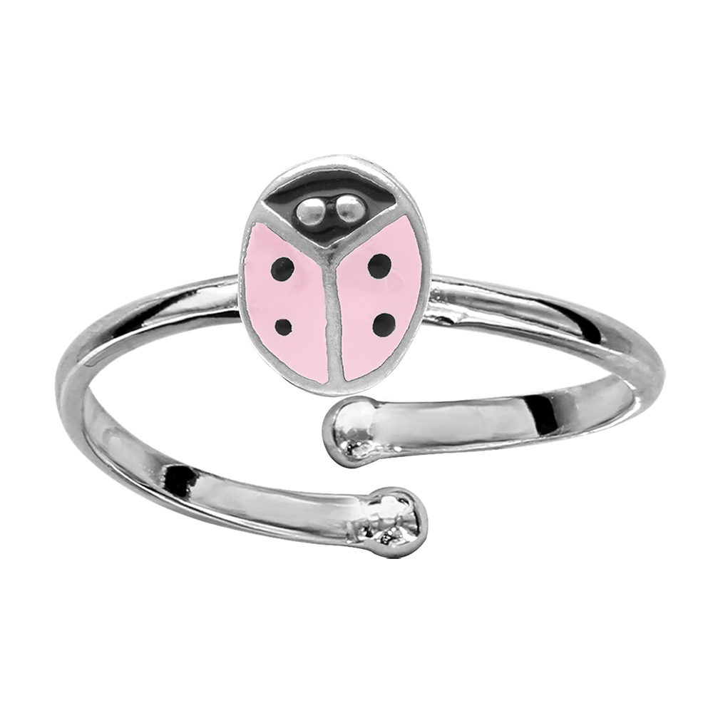 Bague enfant en argent rhodié aveccoccinelle résine rose - réglable du 42 au 46