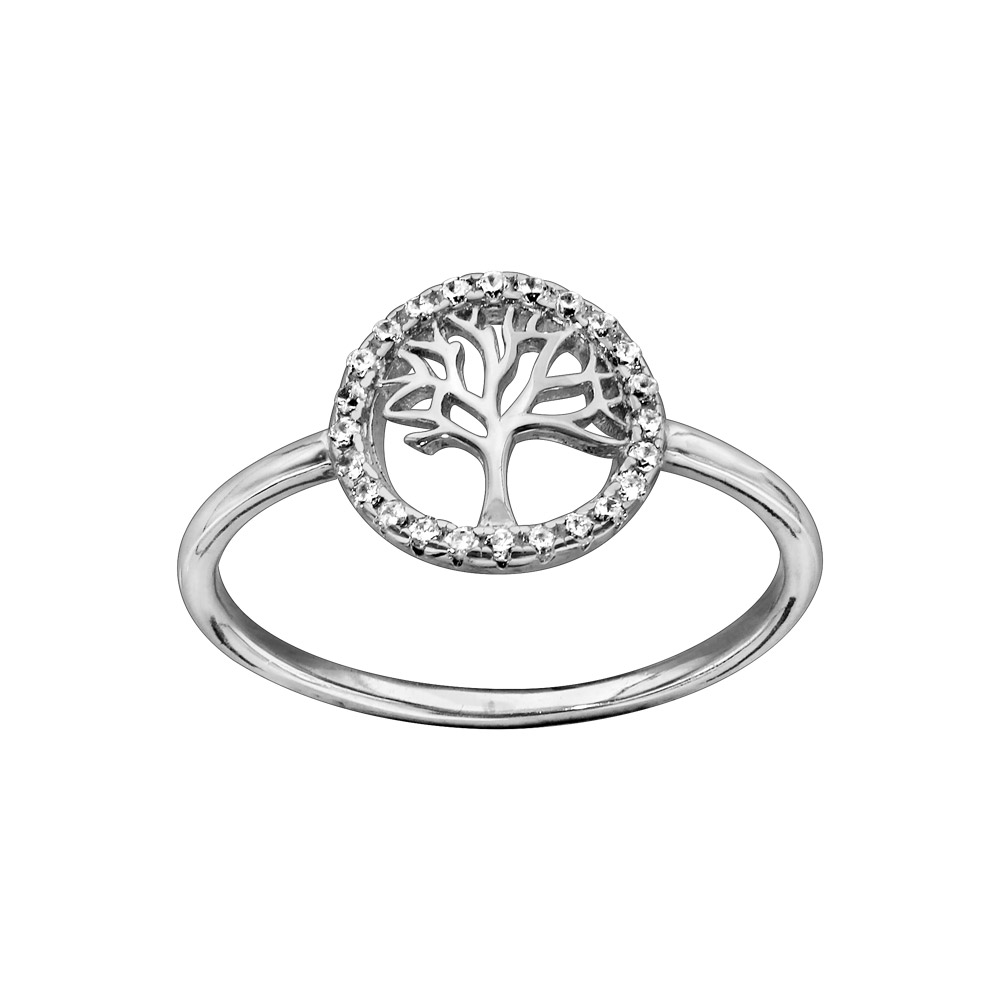 Bague en argent rhodié petit arbre de vie contour oxydes blancs sertis