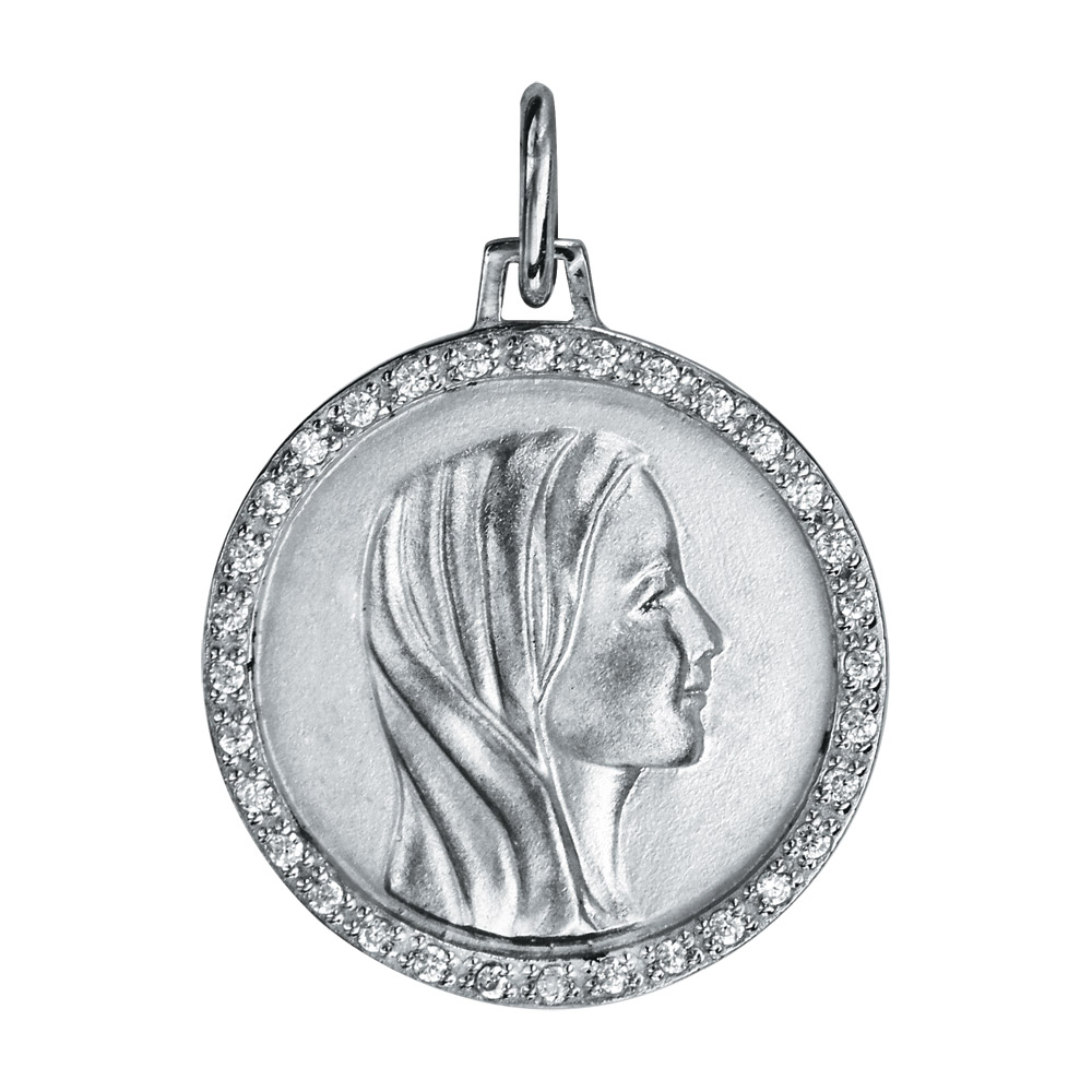 Pendentif médaille en argent rhodié vierge contour oxydes blancs sertis 20mm Pendentif médaille en argent rhodié vierge contour oxydes blancs sertis 20mm