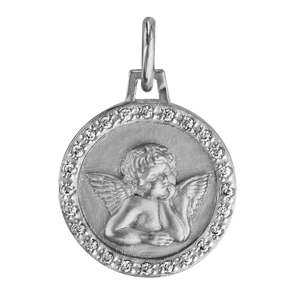 Pendentif médaille en argent rhodié Ange contour oxydes blancs sertis 15mm Pendentif médaille en argent rhodié Ange contour oxydes blancs sertis 15mm
