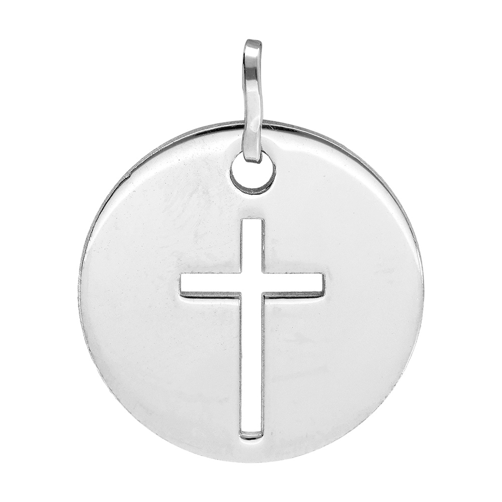Pendentif en argent rhodié médaille ronde avec croix ajourée Pendentif en argent rhodié médaille ronde avec croix ajourée