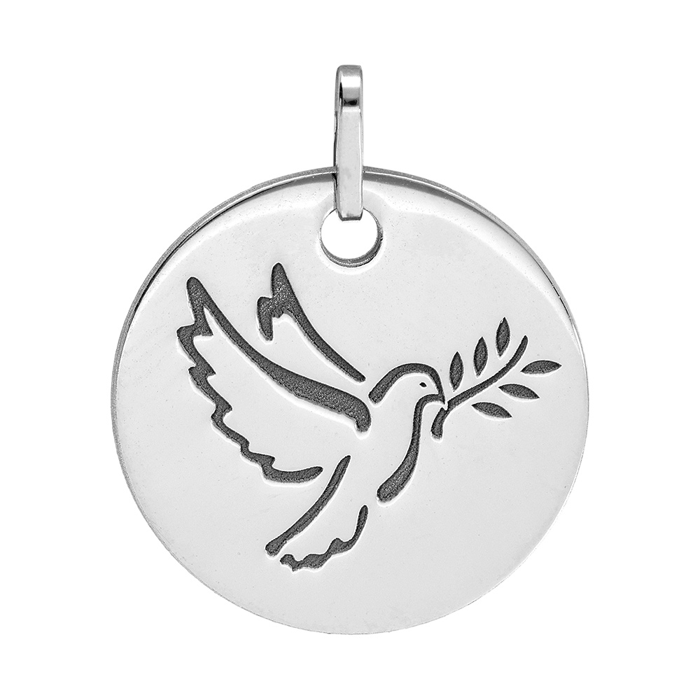 Pendentif en argent rhodié médaille ronde avec 1 colombe
