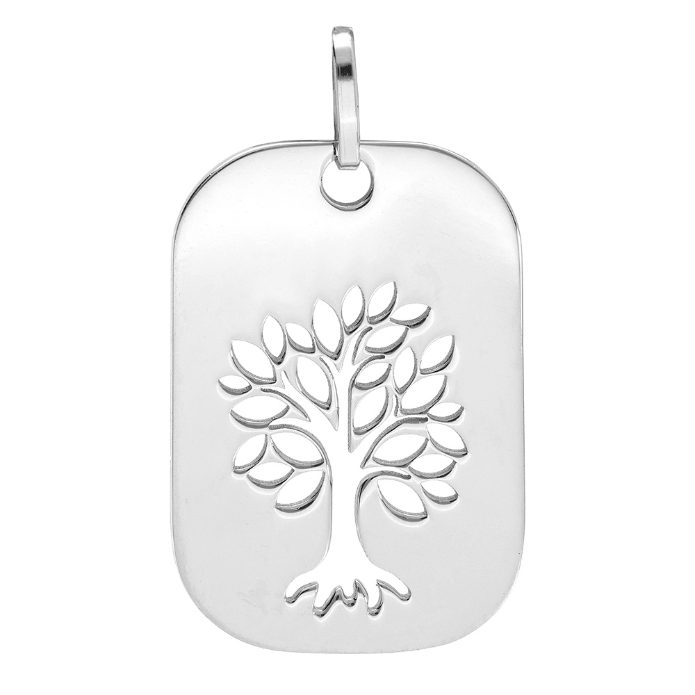 Pendentif en argent rhodié plaque rectangulaire avec arbre de vie ajouré