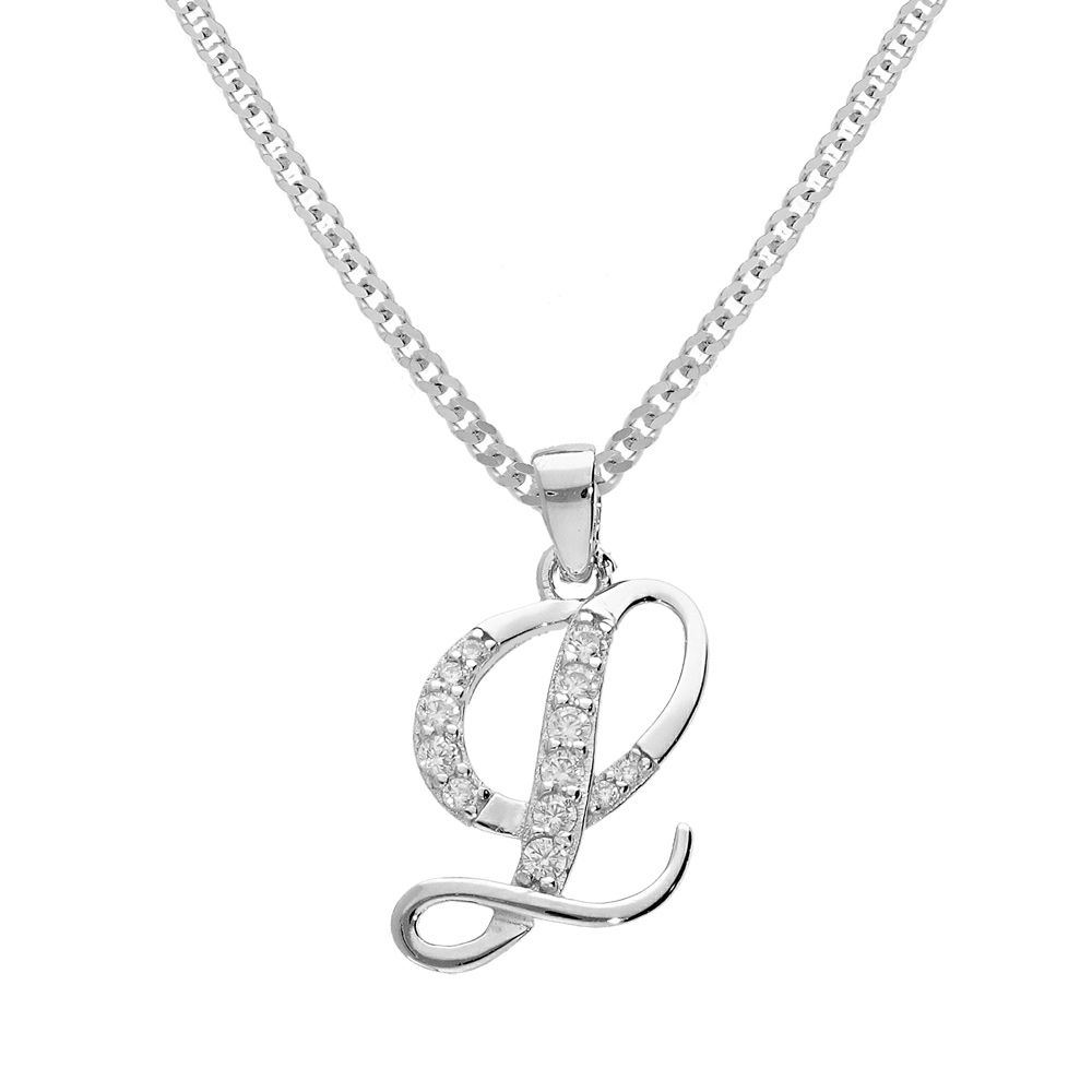 Collier avec pendentif en argent rhodié initiale L majuscule avec oxydes blancs sertis longueur 42cm + 3cm