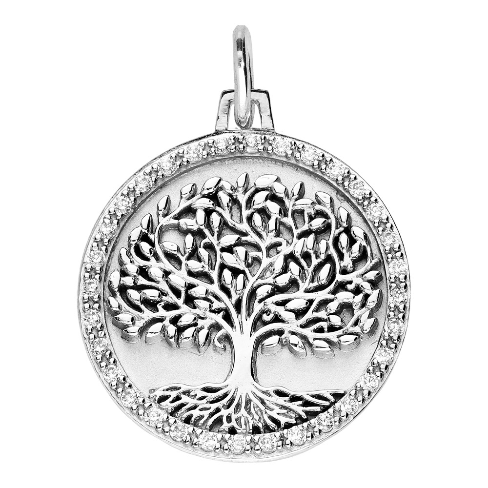Pendentif en argent rhodié  médaille de 20mm avec arbre de vie et oxydes blancs