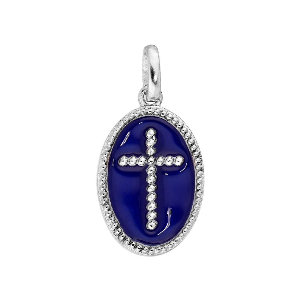 Pendentif en argent rhodié médaille ovale avec Croix sur fond bleu foncé