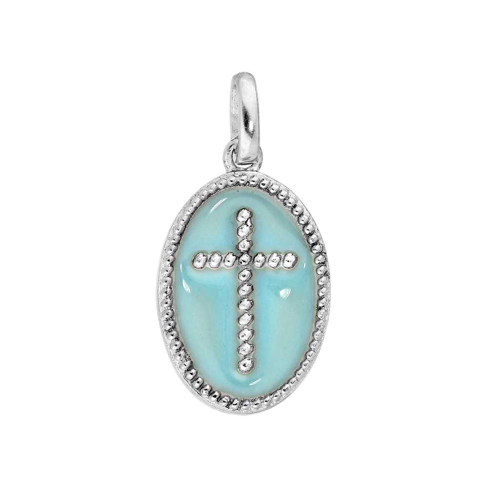 Pendentif en argent rhodié médaille ovale avec Croix sur fond bleu ciel