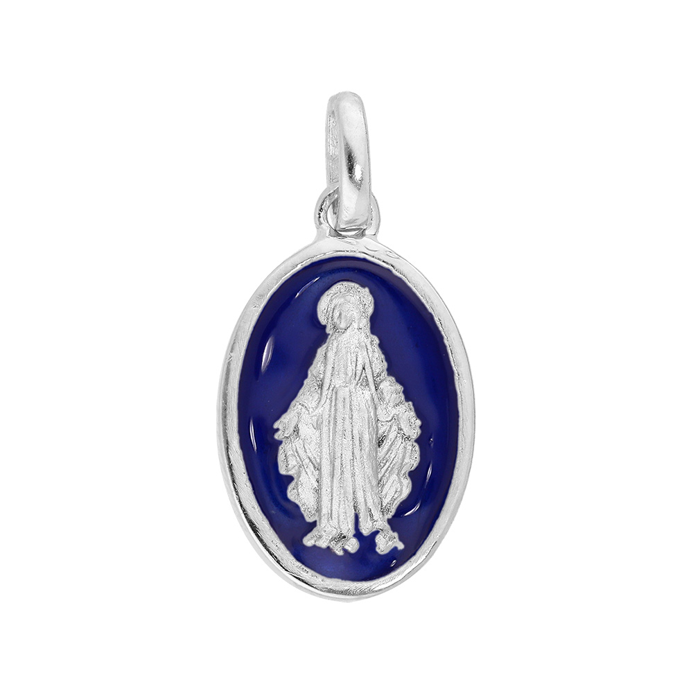 Pendentif en argent rhodié médaille ovale vierge miraculeuse sur fond bleu foncé